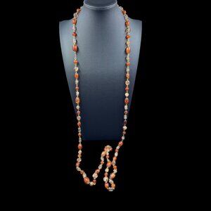 Amber Crackle Glass Beaded Necklace Long Layered Fall Boho Vintage Style 52"